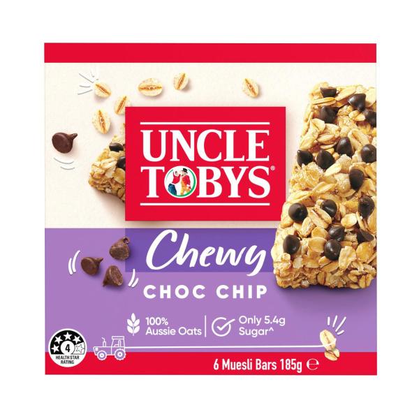 UNCLE TOBYS MUESLI BARS CHEWY CHOC CHIP KIDS SCHOOL LUNCHBOX SNACKS 185G