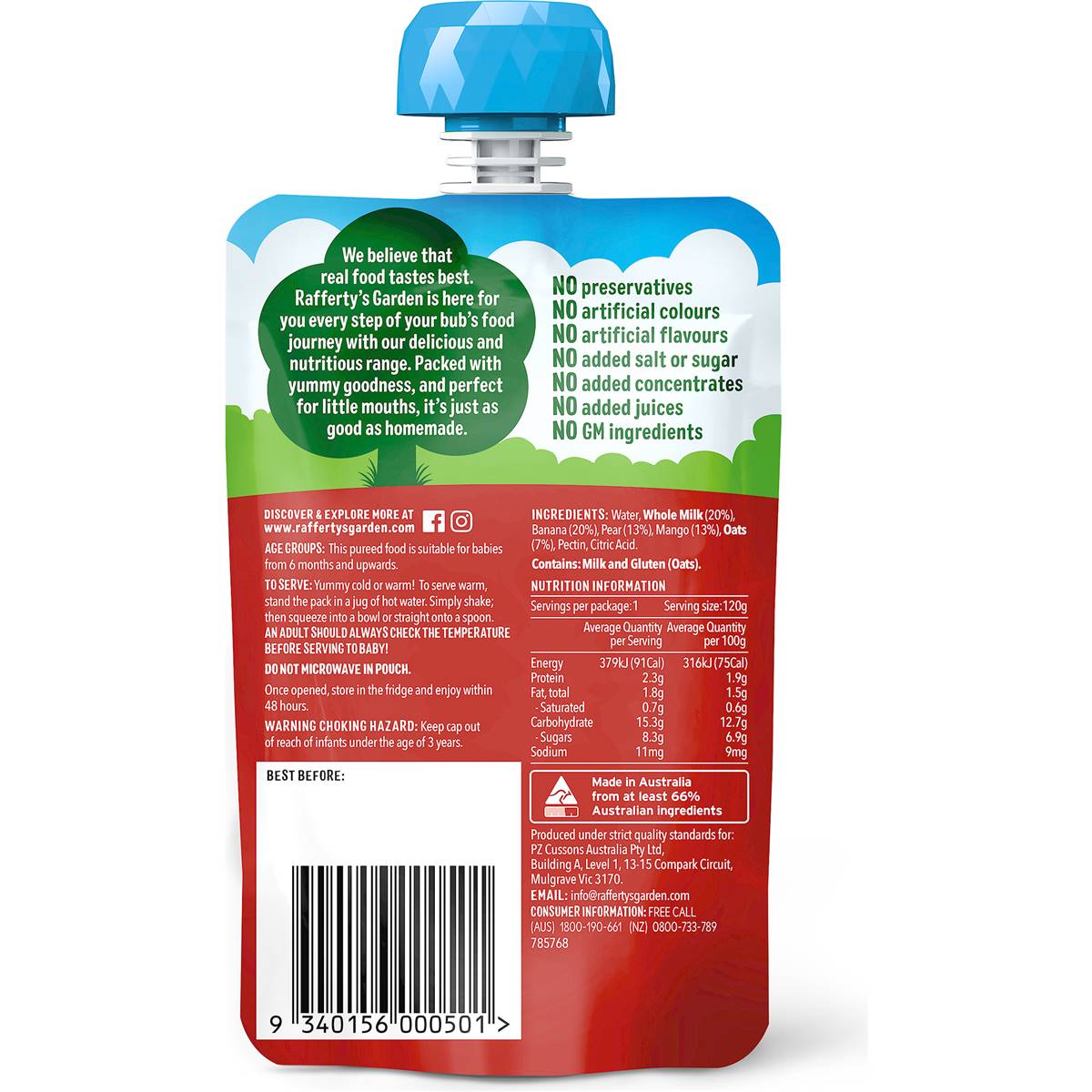 Rafferty's Garden Banana Pear & Mango Porridge Baby Food Pouch 6+ Months 120g