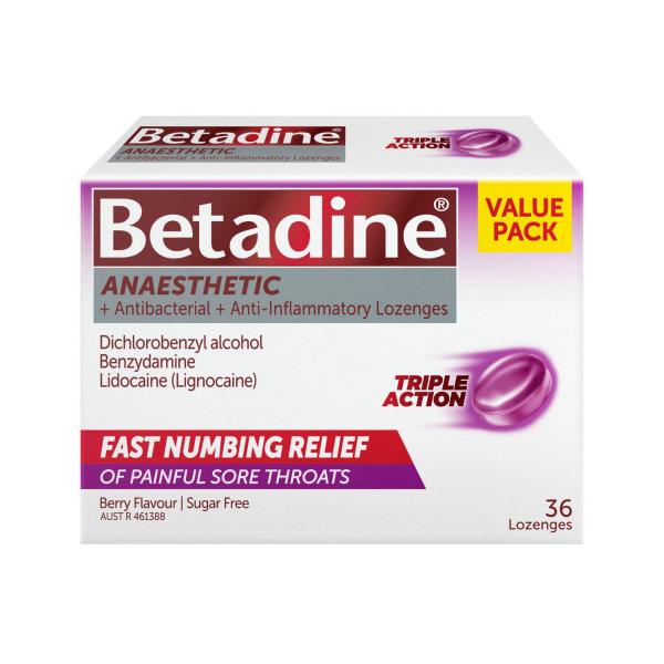 BETADINE SORE THROAT LOZENGES ANAESTHETIC BERRY 36PK