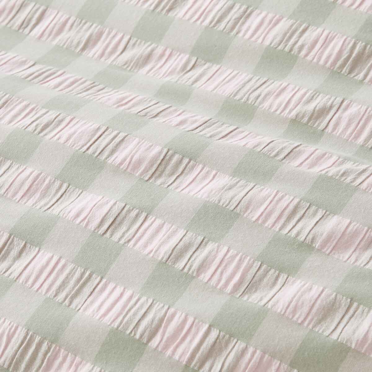 Gingham Ruffle Cotton Quilt Cover Set - Queen Bed, Sage and Pink