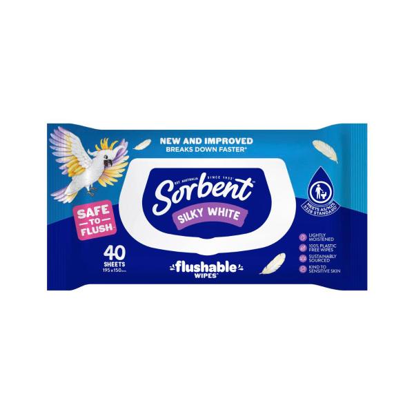 SORBENT SILKY WHITE FLUSHABLE WIPES 40PK