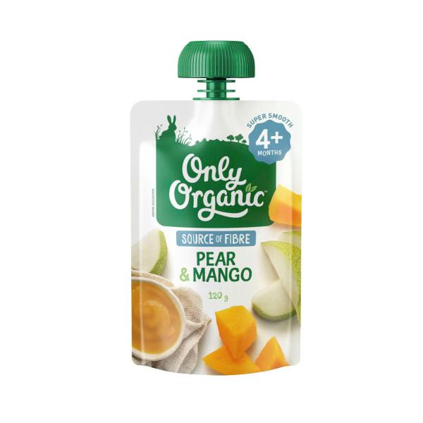ONLY ORGANIC PEAR & MANGO BABY FOOD POUCH 4+ MONTHS 120G