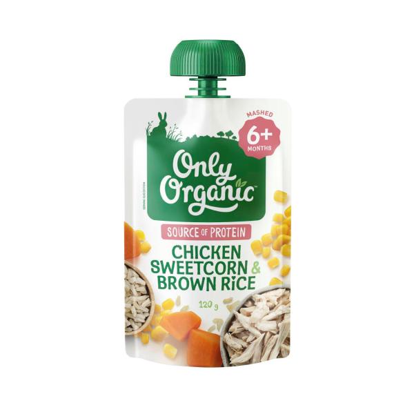 ONLY ORGANIC CHICKEN SWEETCORN & BROWN RICE BABY FOOD POUCH 6+ MONTHS 120G