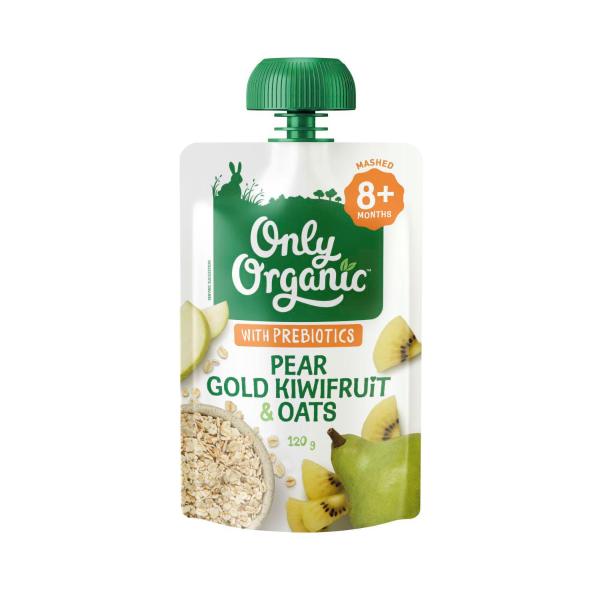 ONLY ORGANIC PEAR GOLD KIWIFRUIT & OATS BABY FOOD POUCH 8+ MONTHS 120G