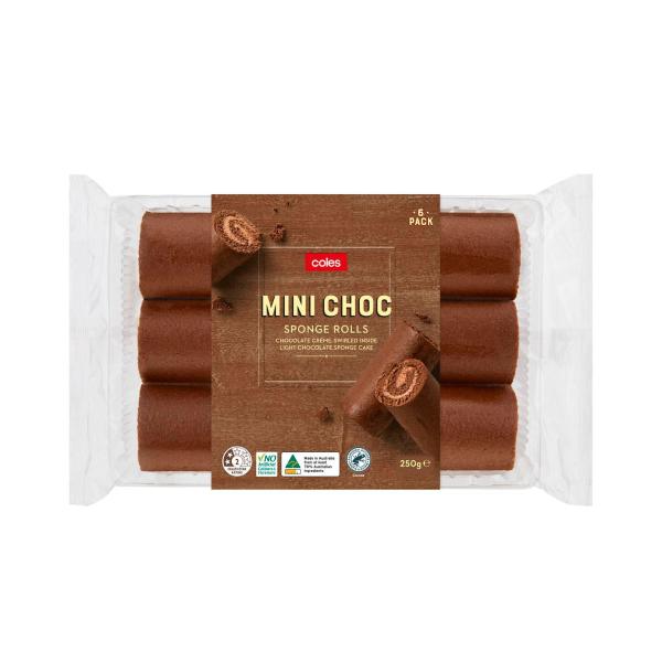 COLES MINI CHOC SPONGE ROLLS 6PK 250G