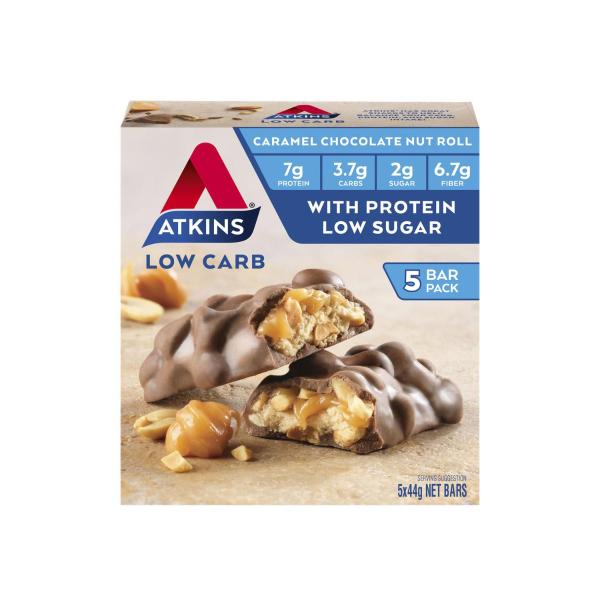 ATKINS LOW CARB CARAMEL CHOCOLATE NUT ROLL BARS 5PK 220G