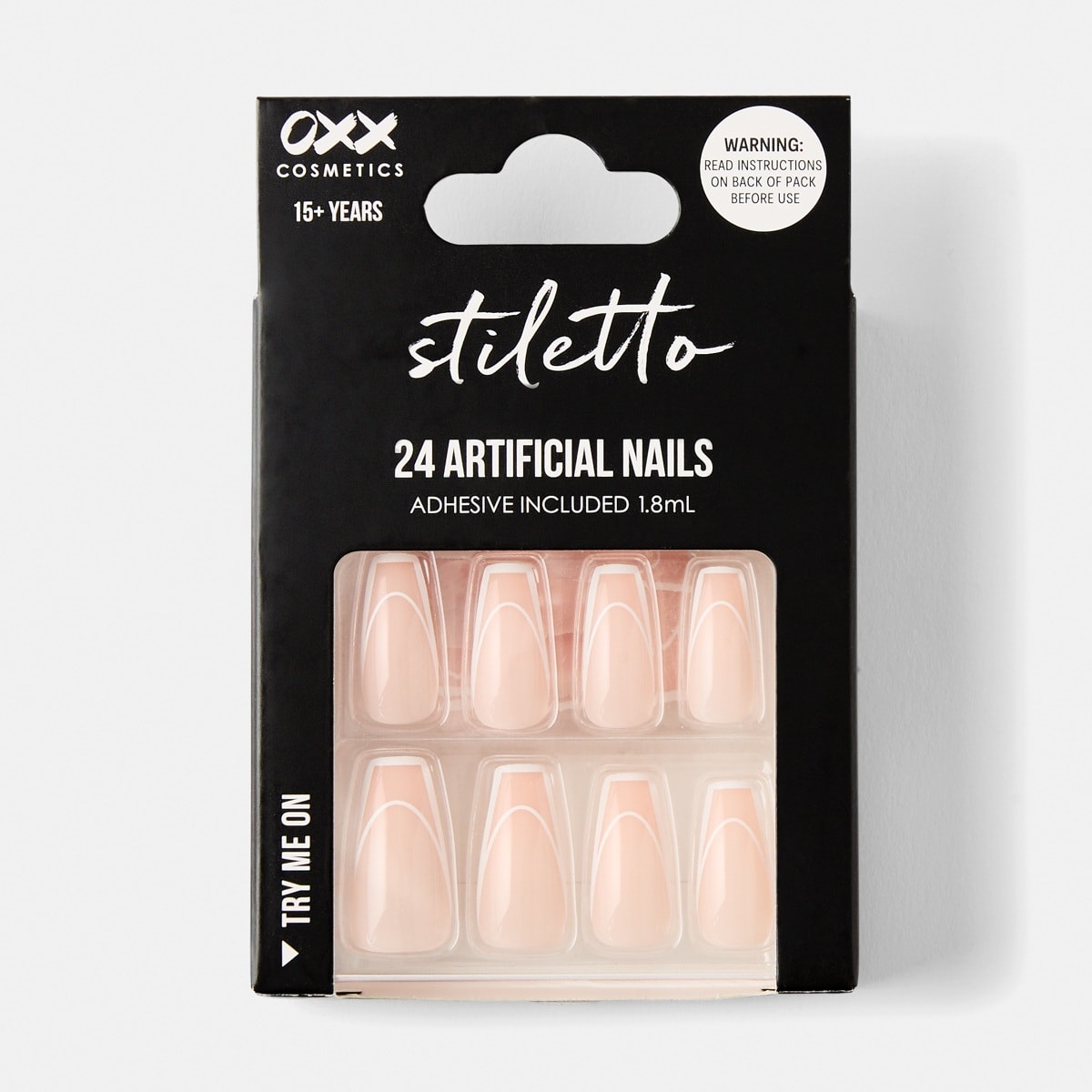 OXX Cosmetics 24 Pack Artificial Nails with Adhesive - Squareletto Shape, French Line