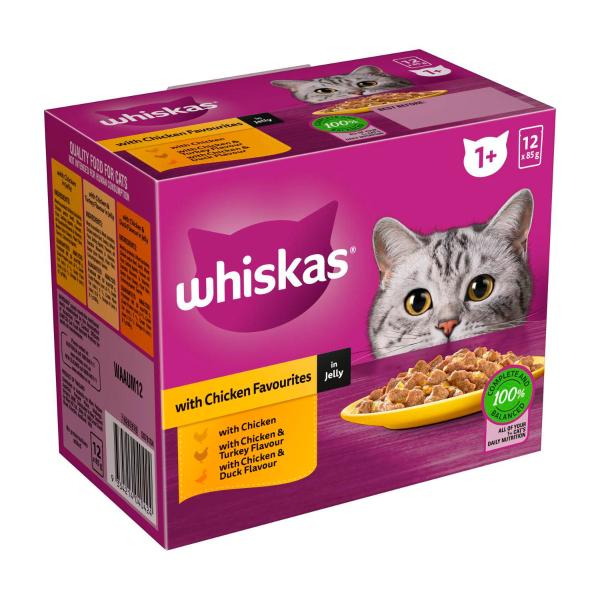 WHISKAS ADULT 1 + YEARS WET CAT FOOD CHICKEN FAVOURITES IN JELLY 12X85G POUCHES