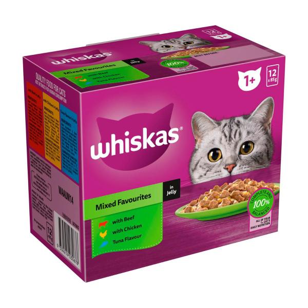 WHISKAS ADULT 1 + YEARS WET CAT FOOD MIXED FAVOURITES IN JELLY 12X85G POUCHES