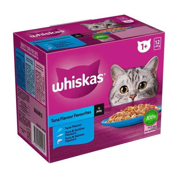 WHISKAS ADULT 1 + YEARS WET CAT FOOD TUNA FAVOURITES IN JELLY 12X85G POUCHES