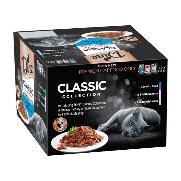 DINE CLASSIC COLLECTIONS CAT FOOD FISH SELECTION IN JELLY 24X85G POUCHES