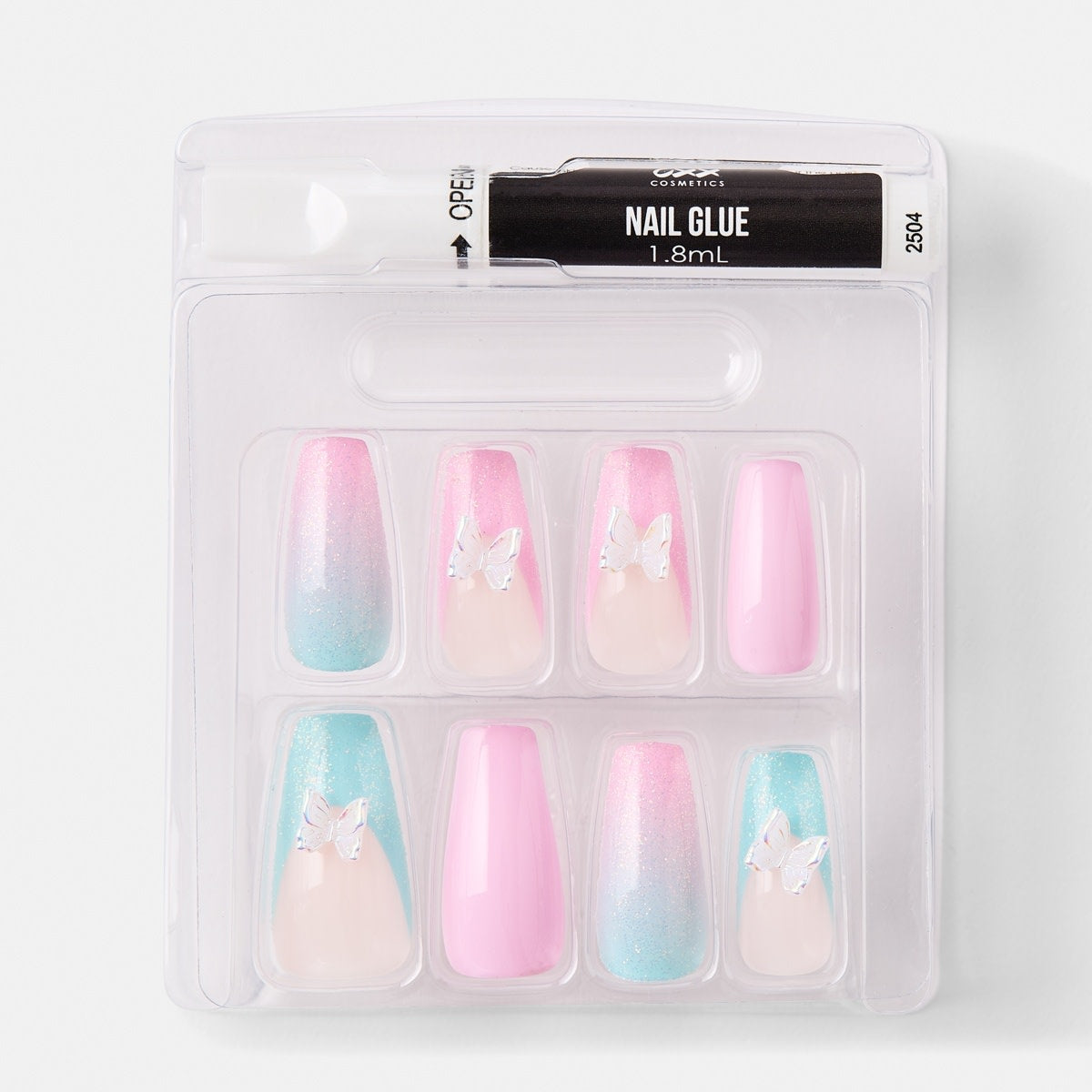 OXX Cosmetics 24 Pack Artificial Nails with Adhesive - Squareletto Shape, 3D Butterfly