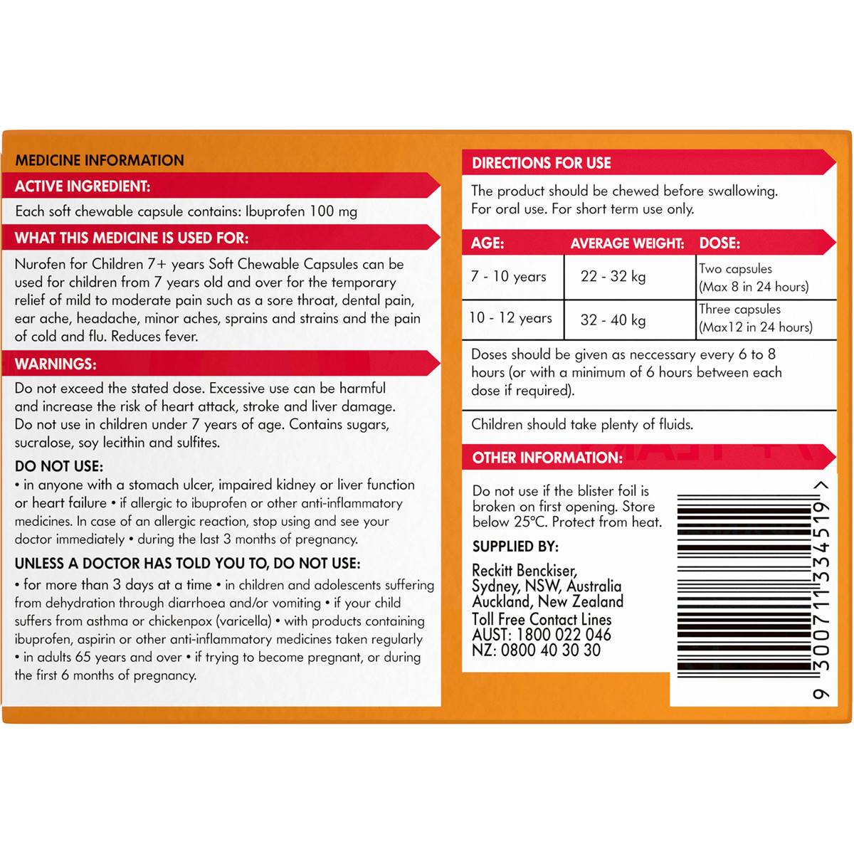 Nurofen For Children 7+ Yrs Chewable Ibuprofen Orange 12 Pack