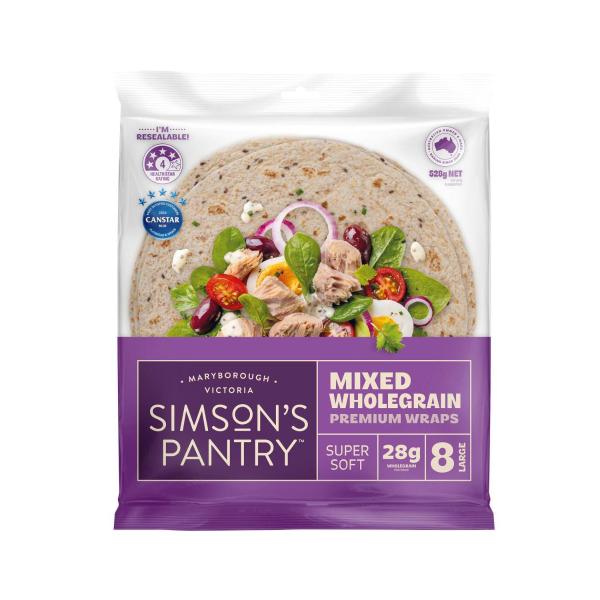 SIMSON'S PANTRY PRESERVATIVE FREE MIXED WHOLEGRAIN LARGE WRAPS 8PK