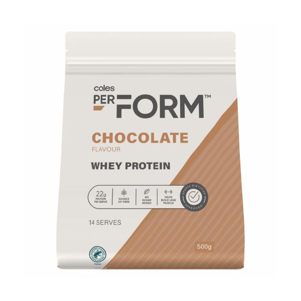 COLES PERFORM WHEY PROTEIN POWDER CHOCOLATE 500G