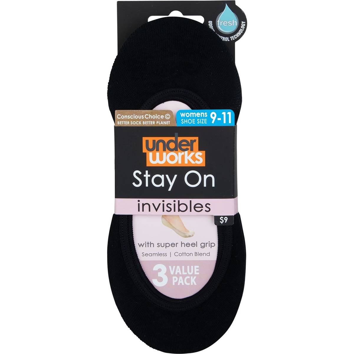 Underworks Ladies Invisible Footlets Black 9-11 3 Pack