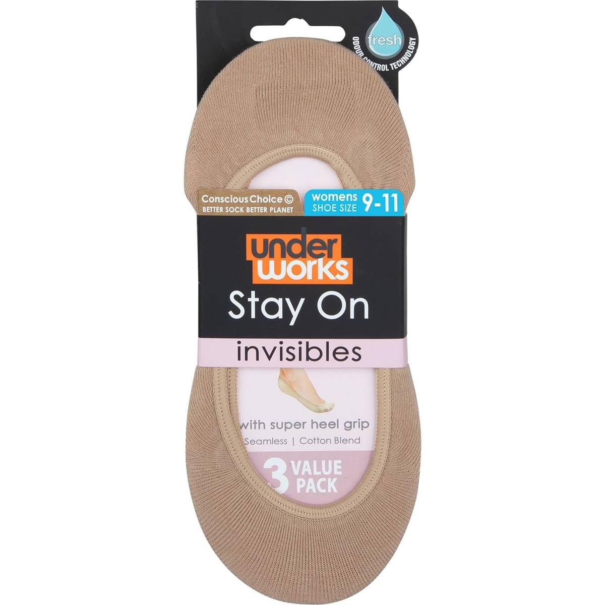 Underworks Ladies Invisible Footlets Nude 9-11 3 Pack