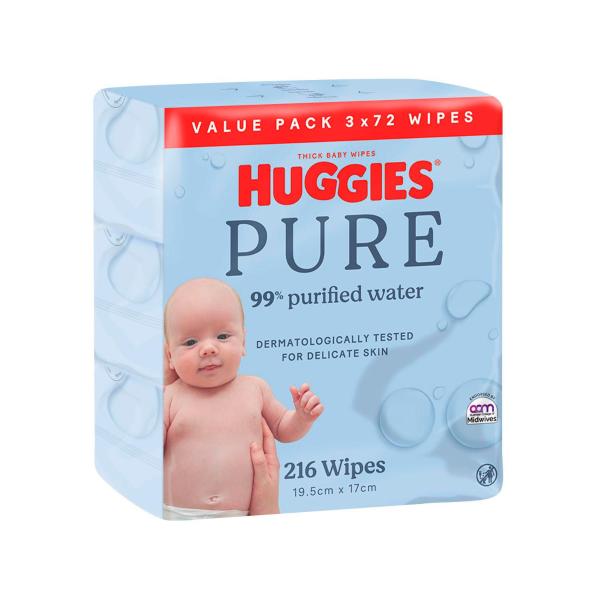 HUGGIES PURE 99% PURIFIED WATER BABY WIPES 216 PACK