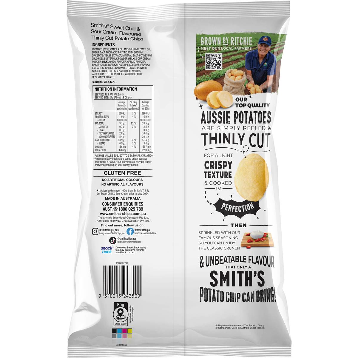 Smith's Thinly Cut Potato Chips Share Pack Sweet Chilli & Sour Cream 175g