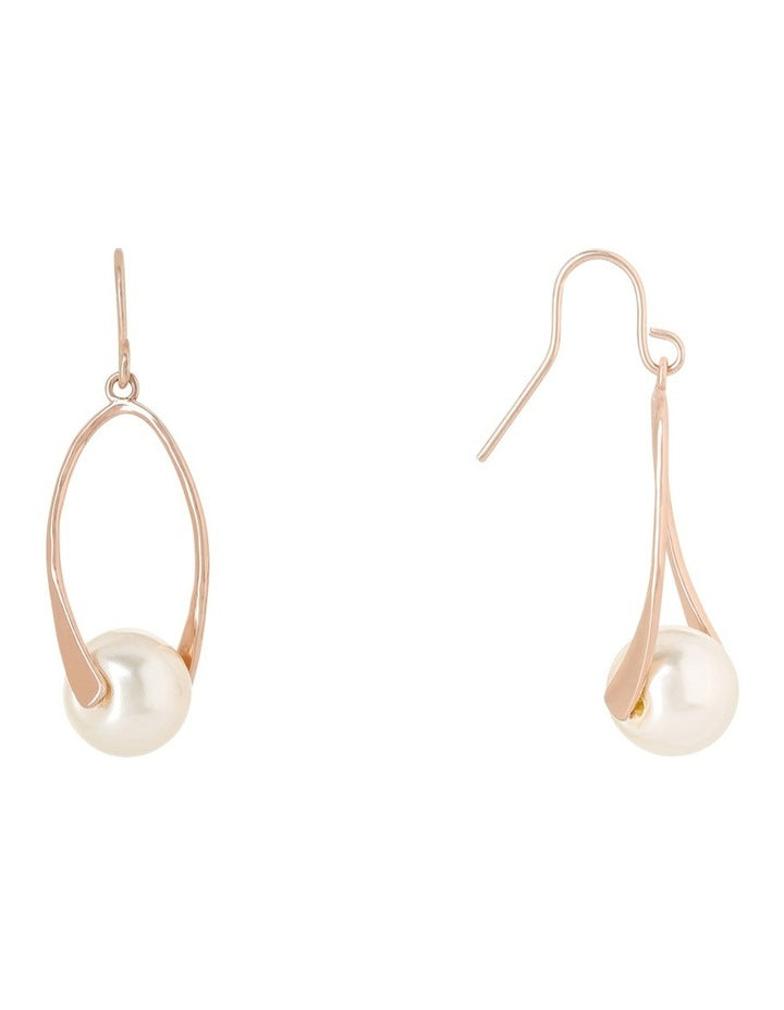 Oval Metal Drop With Faux Pearl Rose Gold Earrings
