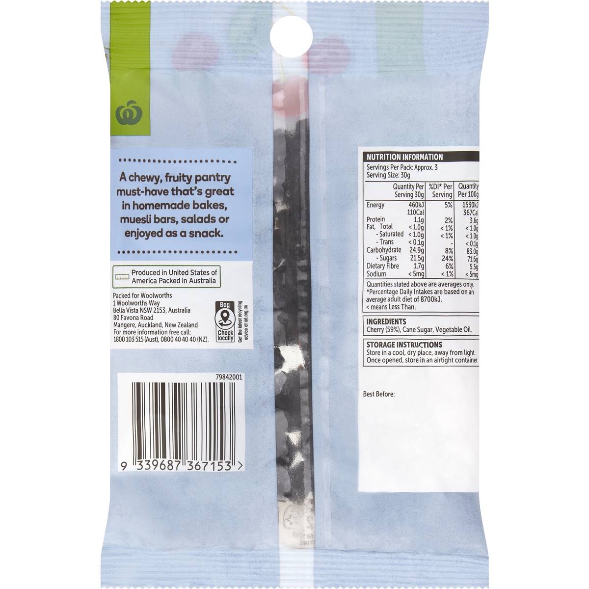 Woolworths Sweetened Dried Cherries 100g