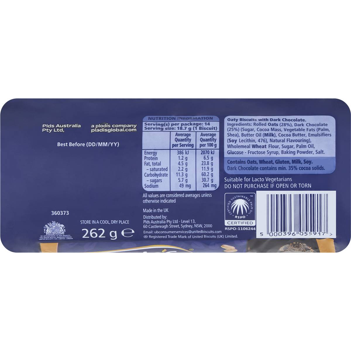 McVitie's Hobnobs Dark Chocolate Oat Snap Cookie 262g