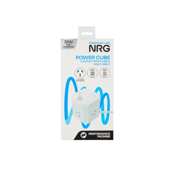 NRG POWER CUBE 4 OUTLET WITH 2 USB-A AND 2 USB-C