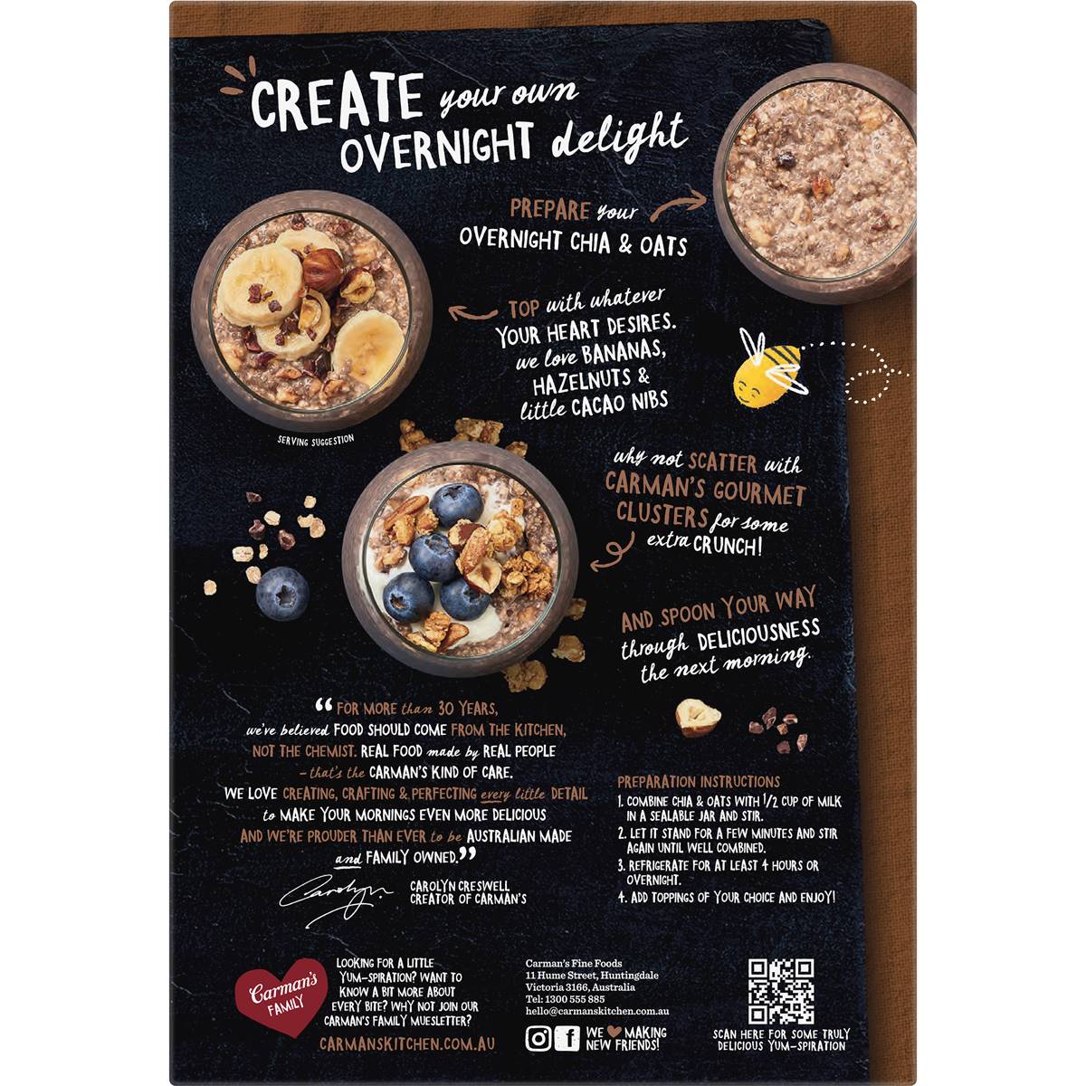 Carman's Overnight Chia & Oat Sachets Cacao & Hazelnut 6 pack