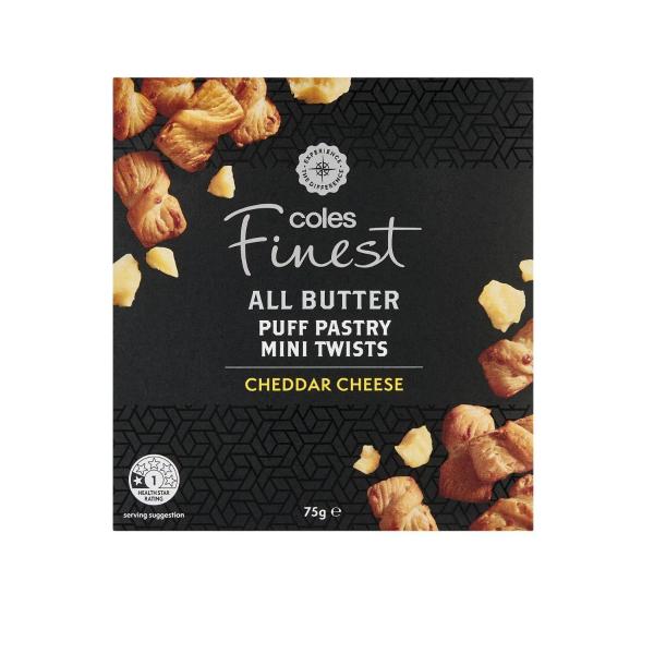 COLES FINEST ALL BUTTER PUFF PASTRY CHEESE MINI TWISTS 75G