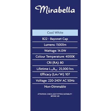 Mirabella LED GLS BC 14.0W 1500lm Cool White each