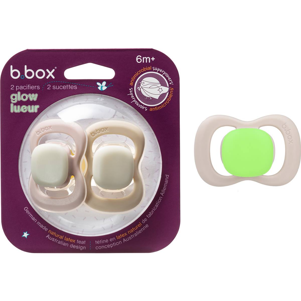 B.Box Soother Latex Glow 6M+ Dummies Assorted 2 pack