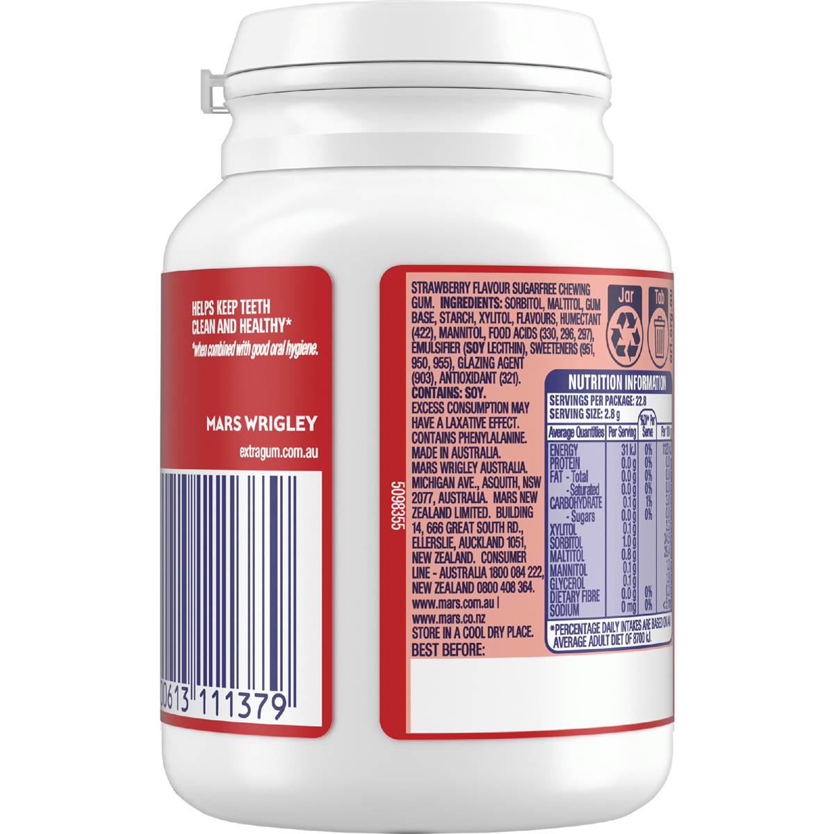 Extra Strawberry Sugar Free Chewing Gum Bottle 64g