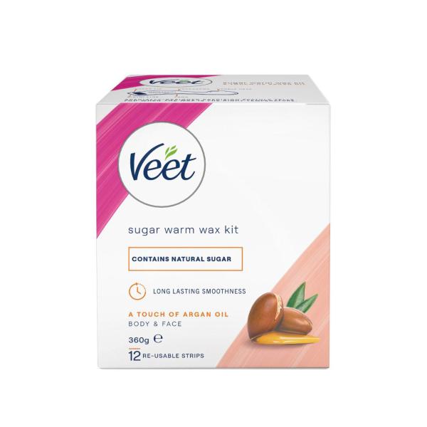 VEET SUGAR WARM WAX KIT AND 12 HAIR REMOVAL WAX STRIPS WITH ARGAN OIL FACE AND BODY 360G