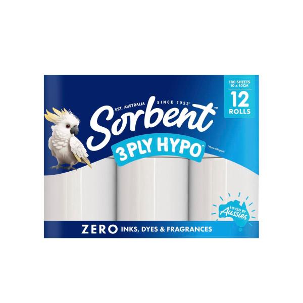 SORBENT 3-PLY HYPO-ALLERGENIC TOILET PAPER 12 PACK