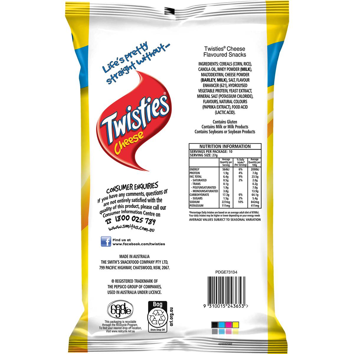 Twisties Cheese Snacks Party Size Bag 270g