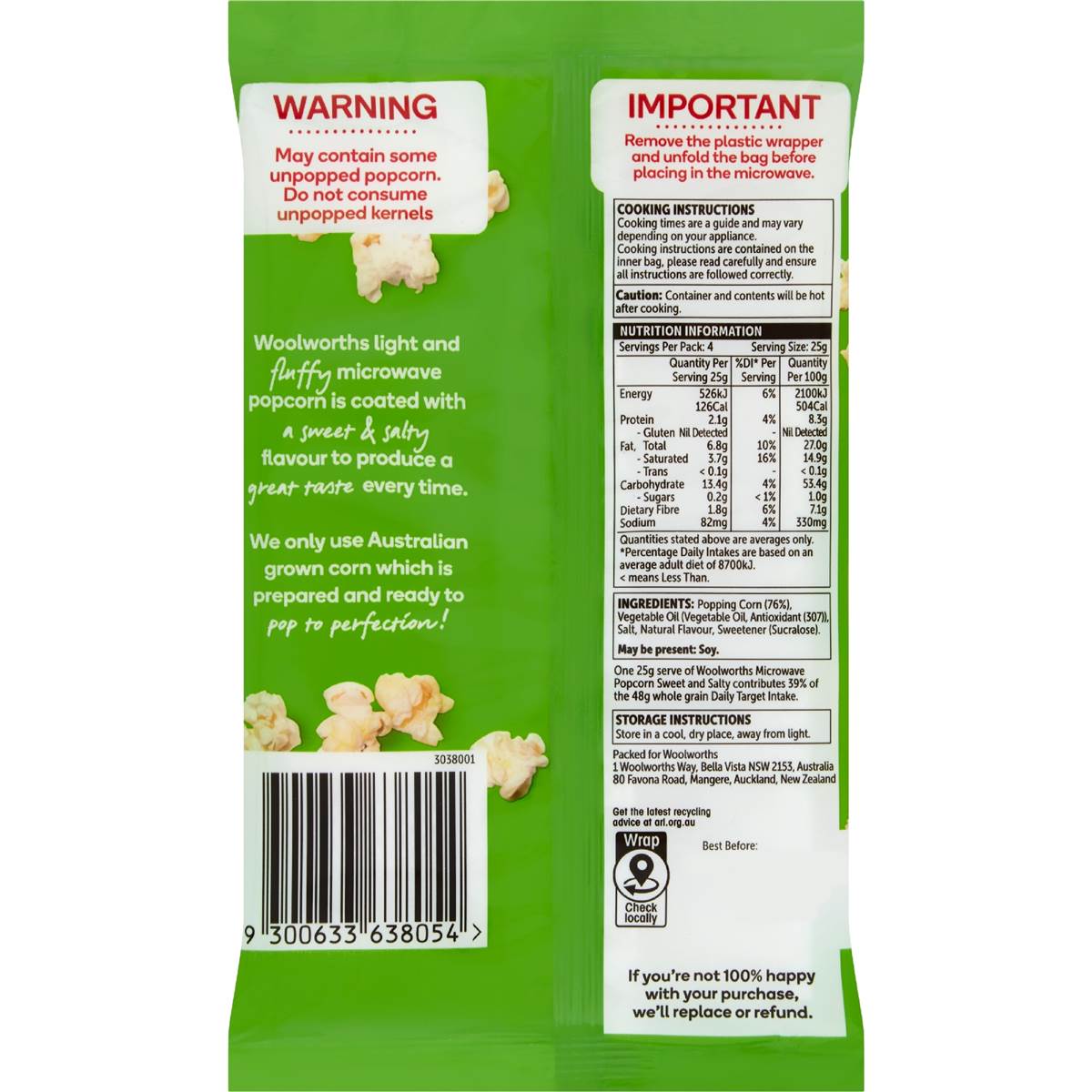 Woolworths Sweet & Salty Microwave Popcorn 100g