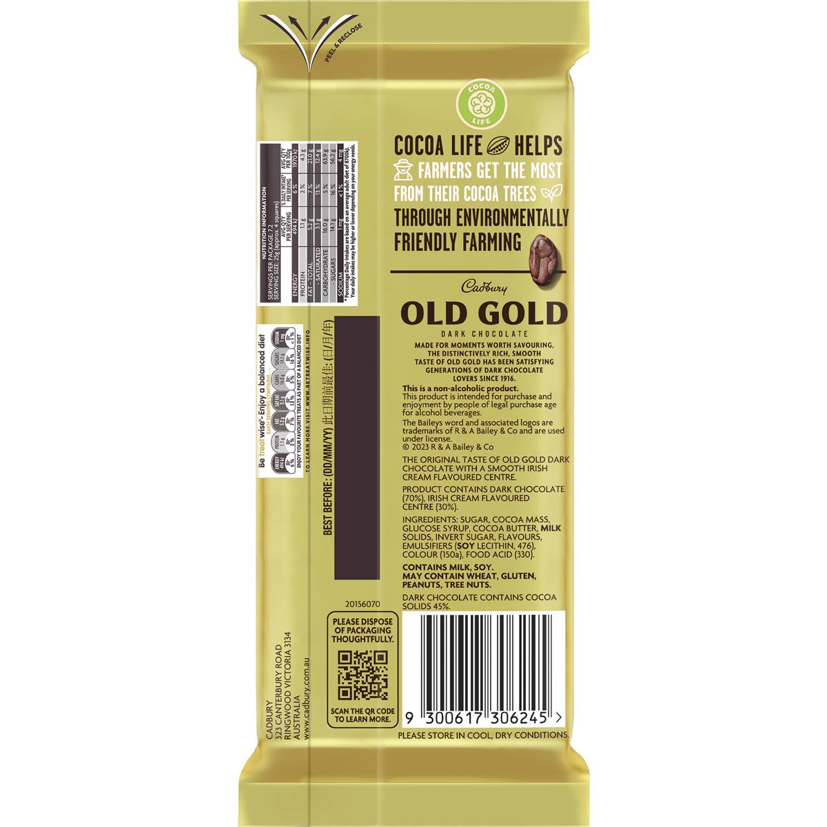 Cadbury Old Gold Baileys Dark Chocolate Block 180g