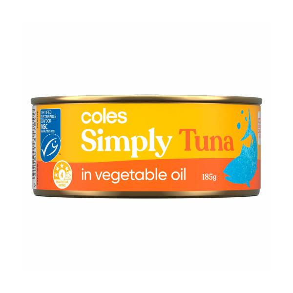 COLES SIMPLY TUNA IN VEGETABLE OIL 185G