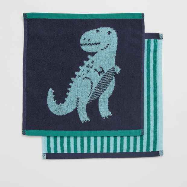 Kids Dino Australian Cotton 2 Pack Face Washer - Peacoat