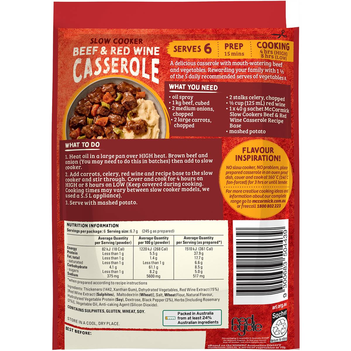 McCormick Slow Cooker Beef & Red Wine Casserole Recipe Base 40g