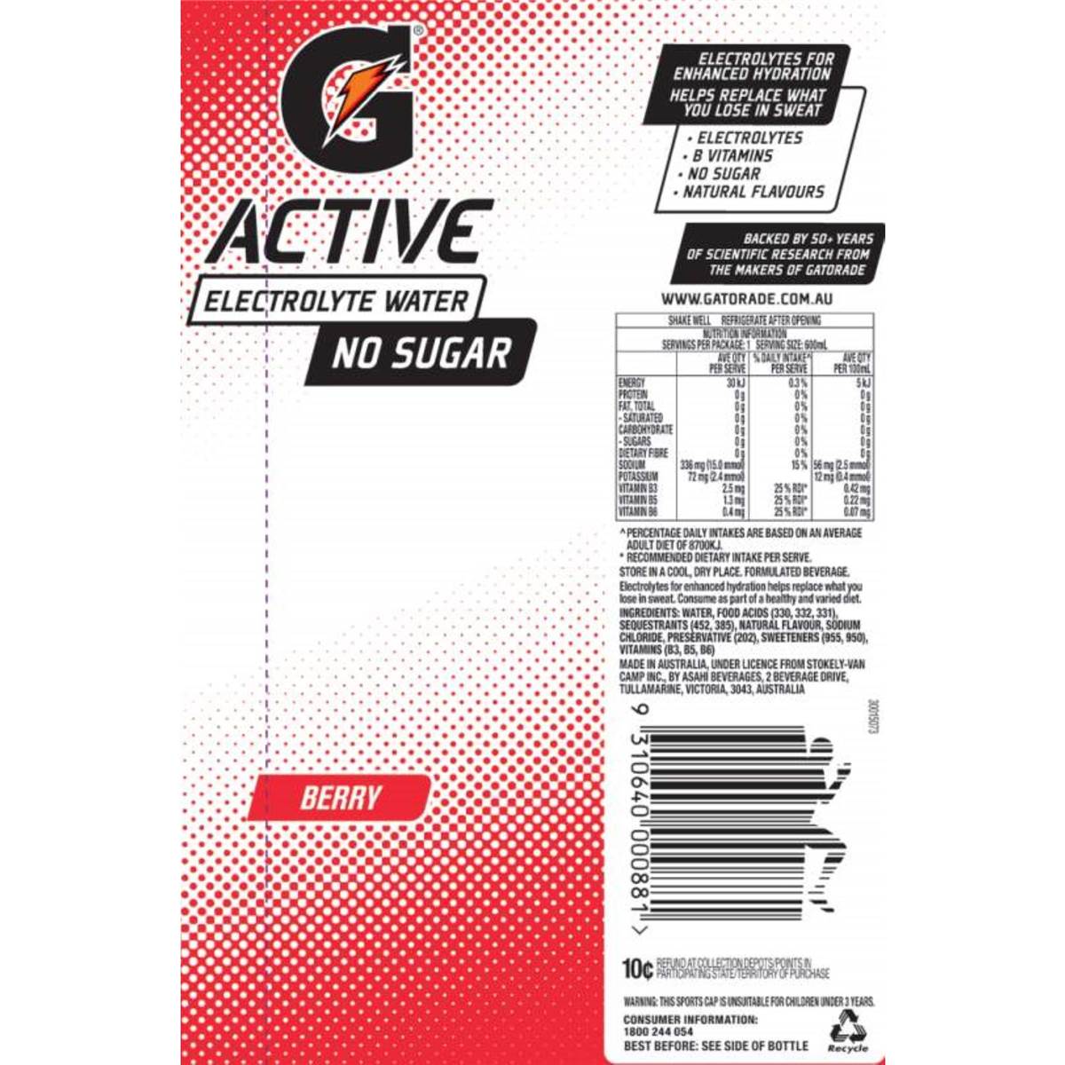 Gatorade G Active Sports Drinks Berry Water Electrolytes & Vitamins 600ml