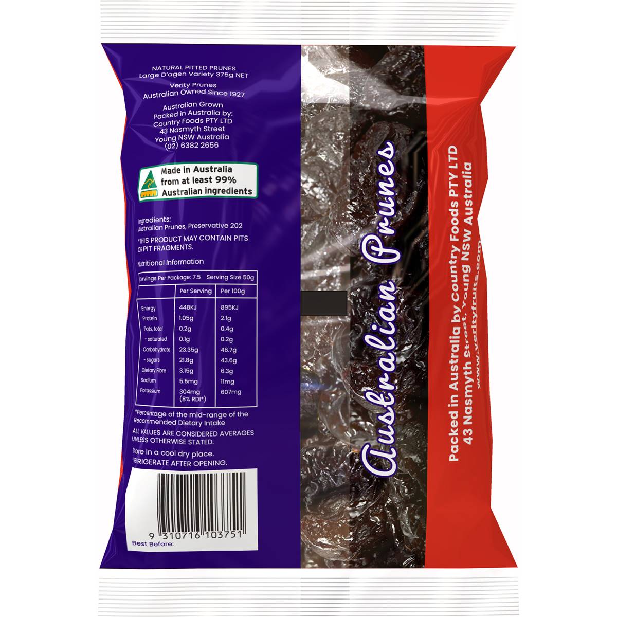 Verity Australian Pitted Prunes 375g