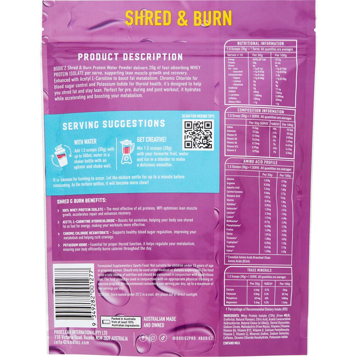 Bodiez 100% Whey Protein Water Shred & Burn Tropical Flavour 300g