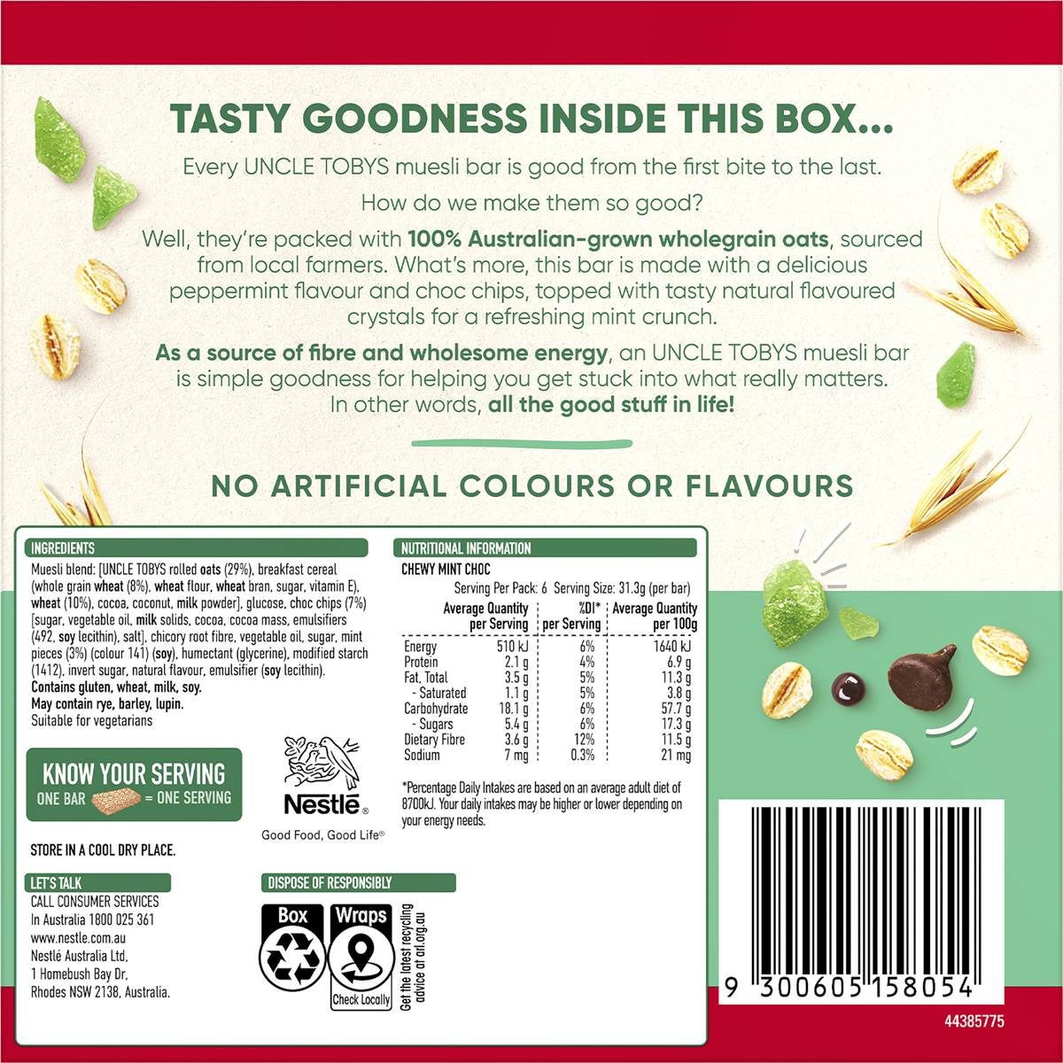 Uncle Tobys Chewy Muesli Bars Mint Chocolate 6 Pack 185g