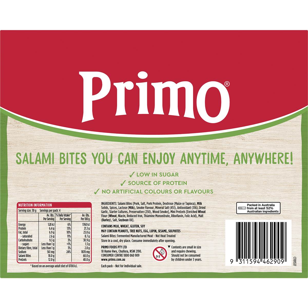 Primo Air Dried Salami Bites with Pretzels 4 Pack 120g