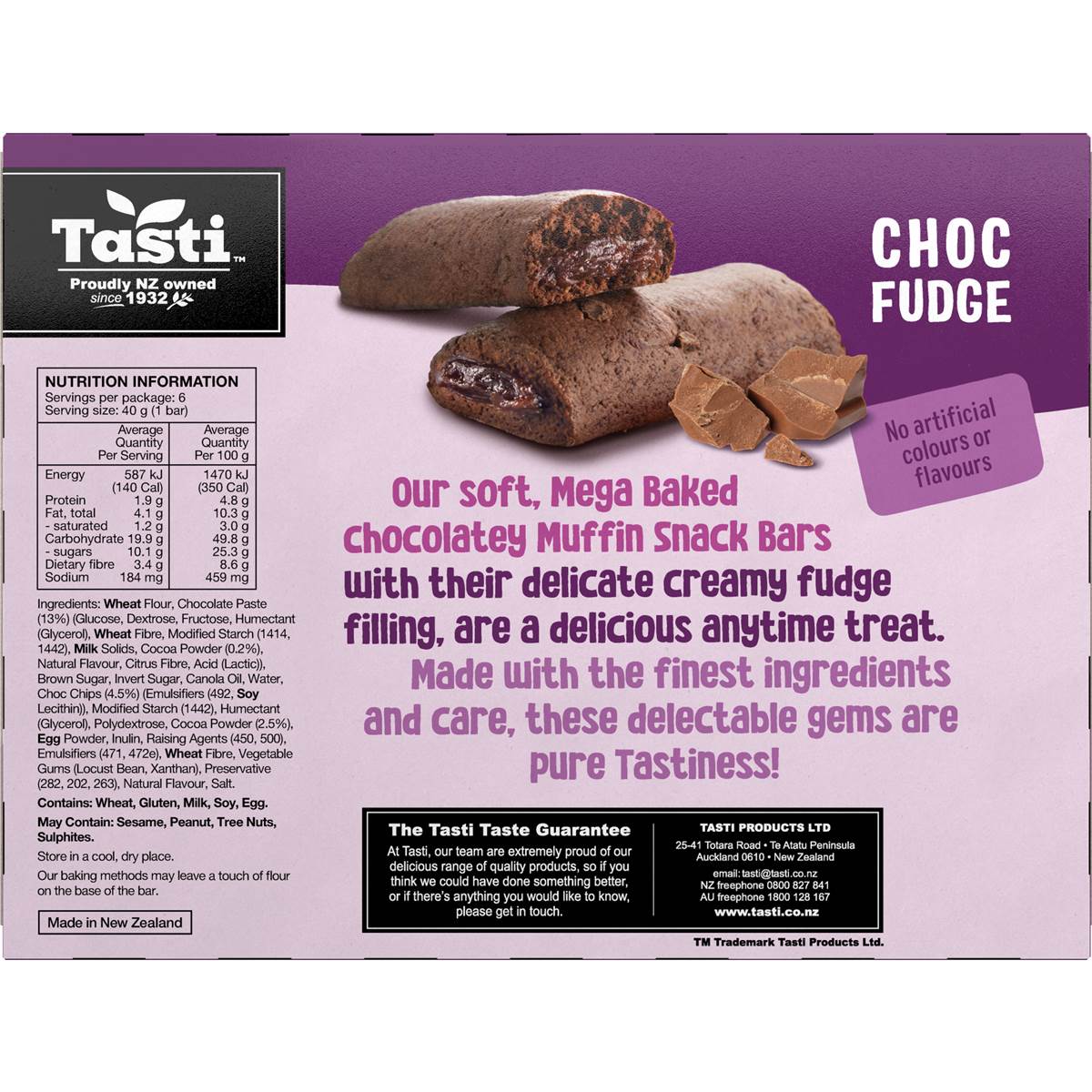 Tasti Mega Baked Muffin Snack Bars Choc Fudge 6 Pack 240g