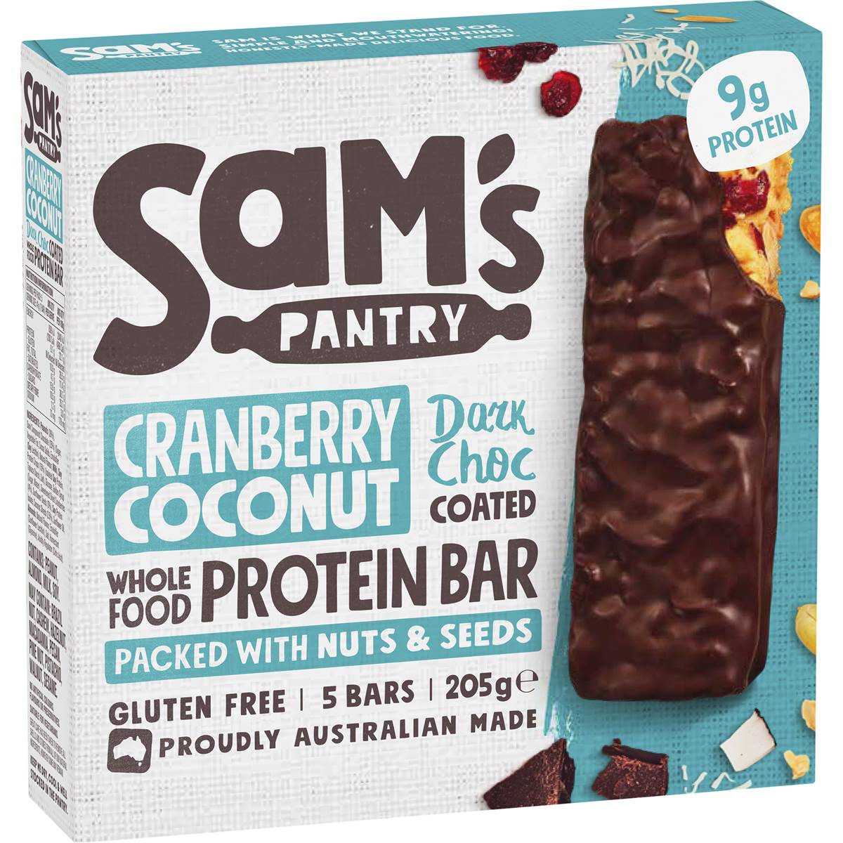 Sam's Pantry Protein Bar Dark Choc Coated Cranberry Coconut 5 Pack 205g