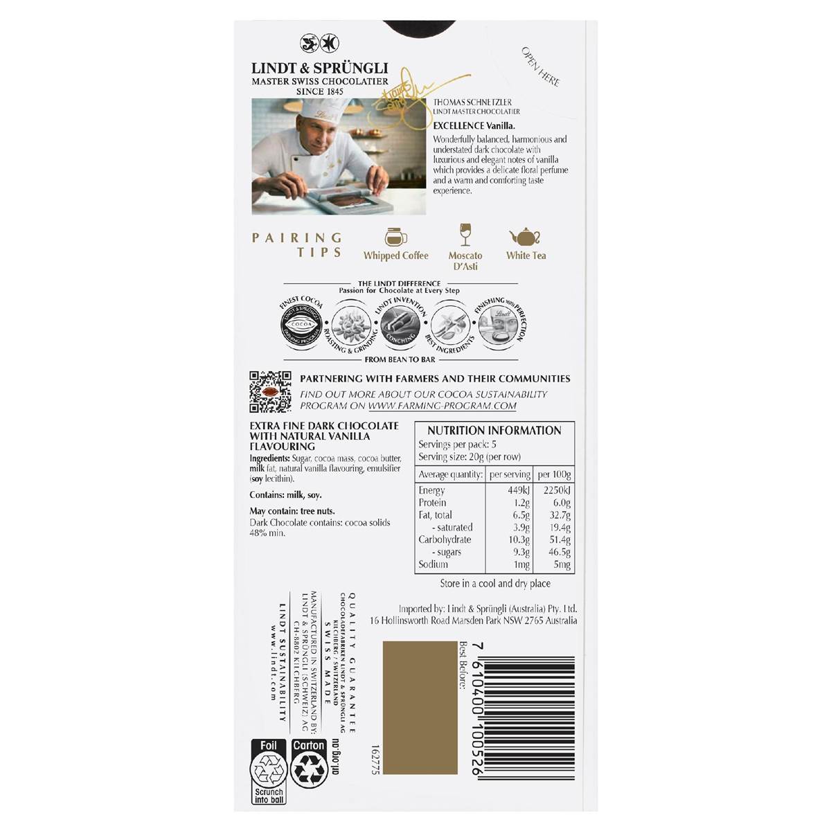 Lindt Excellence Vanilla Dark Chocolate Block 100g