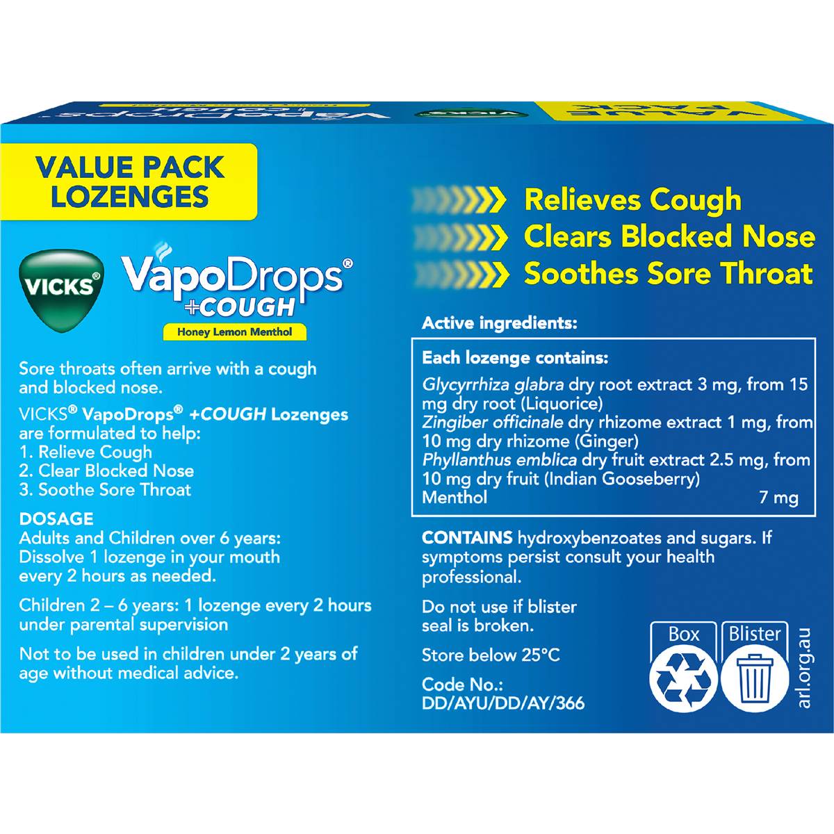 Vicks Vapodrop & Cough Sore Throat Lozenges Honey Lemon 36 Pack