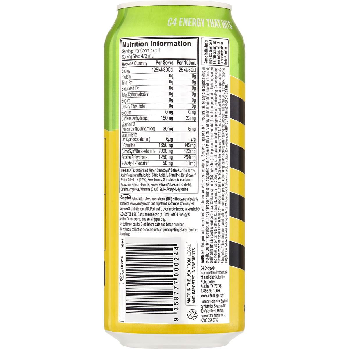C4 Energy Drink Twisted Limeade Zero Sugar 473mL